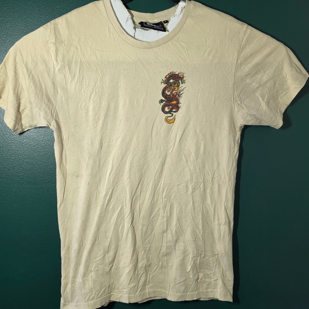 Super Massive Mens Dragon Graphic T-Shirt Tan Beige Large Short Sleeve Cotton